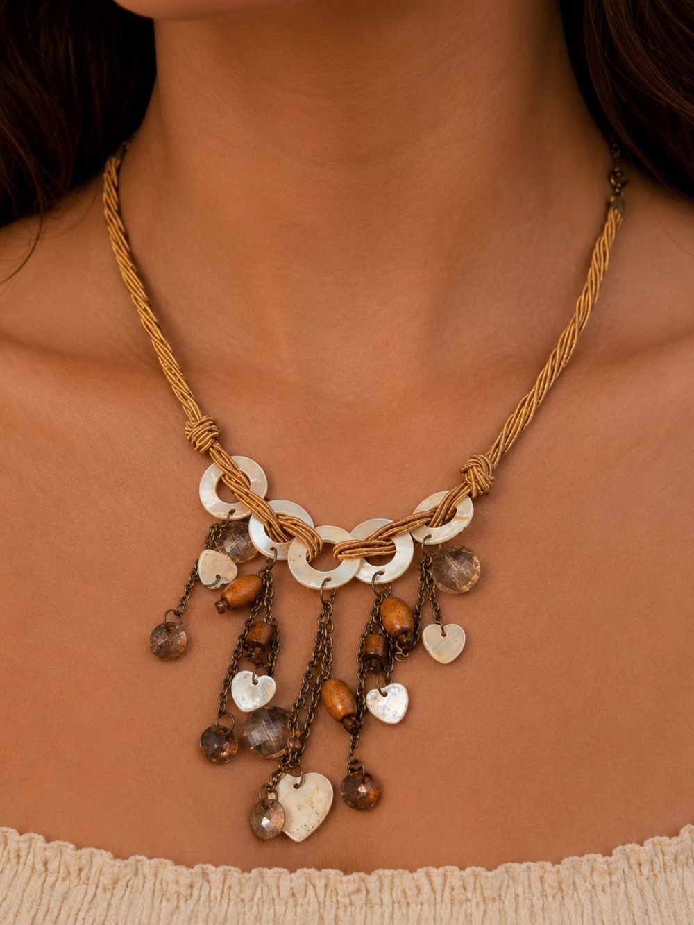 Gold-Tone Beaded Heart & Disc Fringe Necklace
